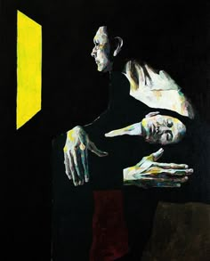 a painting of a man holding his hand out to another person with both hands on the table