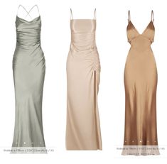 three dresses in different colors and sizes, one is gold, the other is silver