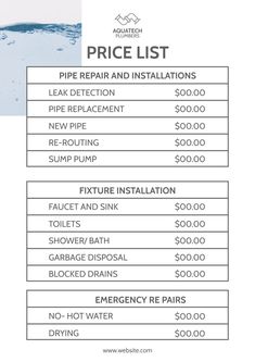 the price list for an electric water heater is shown in this graphic above it