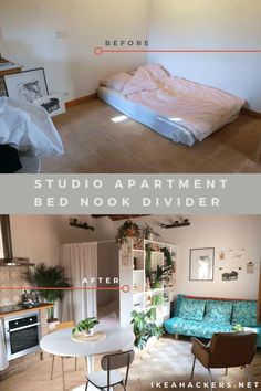 before and after photos of a small apartment bed nook divider from the living room