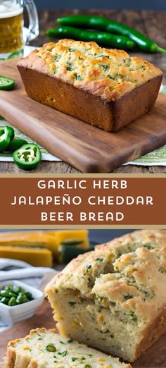 garlic herb jalapeno cheddar beer bread on a wooden cutting board