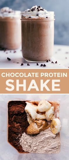 chocolate protein shake with banana slices and whipped cream