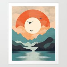 a poster with birds flying over water and mountains in the background, under a cloudy sky