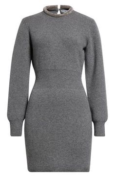 Tubular crystal-pavé trim traces the collar of this cashmere-kissed wool-blend sweater-dress—a cinched-waist mini that's signature Wang. 33" length (size Small) Back keyhole with hook-and-eye closure Crewneck Long sleeves Ribbed cuffs and waist Unlined 87% wool, 7% cashmere, 5% polyamide, 1% elastane Dry clean Imported Designer Clothing Mini Sweater, Mini Sweater Dress, Nordstrom Store, Fabric Gifts, Wool Blend Sweater, Free Fabric, Cinched Waist, Alexander Wang, Clothing Items