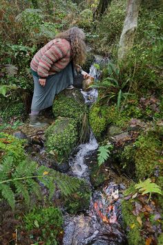 a woman crouches down to collect water from a small stream in the middle of a forest