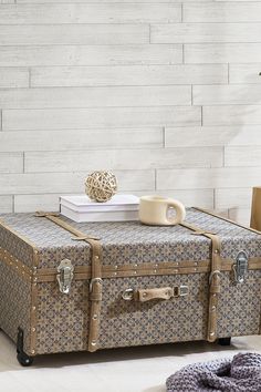 an old suitcase is sitting on the floor next to a blanket and potted plant