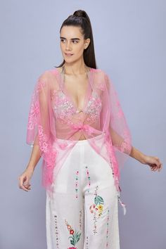 Pop pink net kaftan with gold floral and thread embroidery. - Aza Fashions Spring Wedding Embroidered Fabric, Bollywood Style Kaftan With Intricate Embroidery For Party, Bollywood Style Kaftan With Floral Embroidery For Party, Bollywood Style Party Kaftan With Floral Embroidery, Bollywood Style Floral Embroidery Kaftan For Party, Pink Sheer Bohemian Dress, Summer Festive Embroidered Kimono, Pink Wedding Kaftan For Eid, Pink Chikankari Embroidered Fabric For Reception