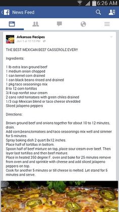 the recipe for mexican beef casserole is displayed on an iphone screen, and it appears to have been altered