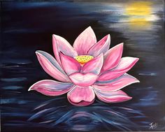 Pink Lotus painting, acrylic on canvas, 16 inches X 20 inches,  vibrant vivid colors of Lotus appears  bright on bluish dark background. golden Sun reflection on right side. Made on HIGH QALITY canvas. Varnish coated to protect the painting from dust.  Timeless beauty of lotus flowers are admired by all. This piece of artwork establishes a relationship between sun and lotus. Lotus flowers love the sunshine and they bloom only when the sun rises and sends its warmth. So on this painting the yello Lotus Flower Painting Easy, Lotus Flower Painting Acrylics, Lotus Painting Acrylic, Lotus Acrylic Painting, Lotus Pond Painting, Lotus Flower Colors, Flower Painting Videos, Pond Reflection, Lotus Artwork