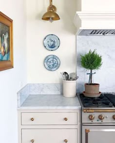 a kitchen with white cabinets and marble counter tops, an oven and potted plant