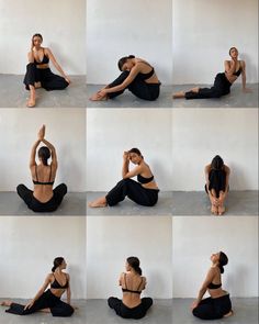 a woman sitting on the ground doing yoga poses with her hands up to her chest