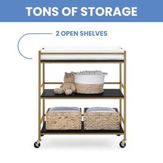 an open shelf with two baskets on it and the words tons of storage written below