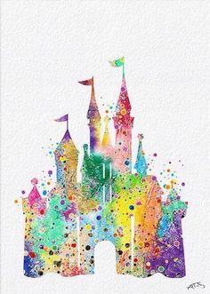 a watercolor painting of a castle with flags