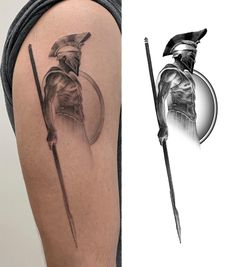 a man's arm with a tattoo on it and an image of a warrior holding a spear