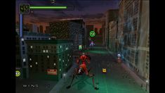 an image of a video game character in the city at night with green lights on