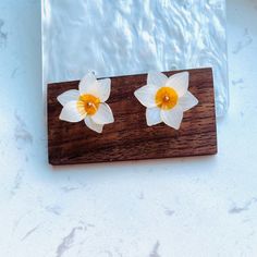 two daffodils are sitting on a piece of wood