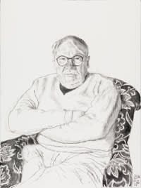 a black and white drawing of an old man sitting in a chair with his arms crossed