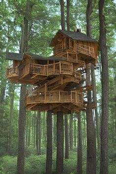 a tree house in the middle of a forest