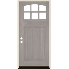 Krosswood Doors 36 in. x 80 in. Raised V-Groove Panel Arched 6-Lite Grey Stain Right Hand Douglas Fir Prehung Front Door Yellow House Exterior, Victorian Front Doors, Modern Exterior Doors, Douglas Fir Wood, Craftsman Farmhouse, Front Door Makeover, Wood Exterior Door, Brick Molding, House Updates