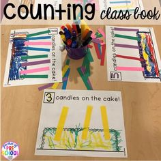 counting class book with colorful crayons on the table