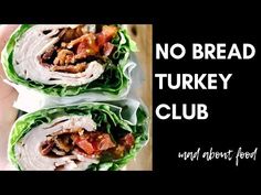 two sandwiches with meat and lettuce in wrappers on a black background text reads no bread turkey club