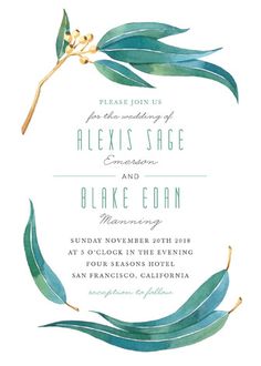 a wedding card with an olive branch on it