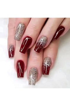 24 Pcs Medium Press on Nails Square Fake Nails with Red Glitter Stick on Nails Artificial Acrylic Nails Glossy False Nails for Women with Glue on Nails Ballet Nails, Valentine Nails, Gold Nail, Makijaż Smokey Eye, Stick On Nails, False Nail, Nails Inspo