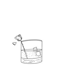 a drawing of a glass with water and a flower sticking out of the top, on a white background