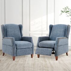 This set of two upholstered recliners brings timeless style to your home. Upholstered in chenille fabric, these recliners feature a wing-back design and bronzed or silver nailhead trim for a classic look. The solid and engineered wood frame, along with sinuous springs, offers reliable support. You can easily adjust to your preferred position with manual push-back mechanism. The dark brown wooden legs and minimalist design allow these recliners to blend seamlessly into any room. Plus, they come w Blue Recliner, Tufted Arm Chair, Leather Club Chairs, Linen Armchair, Swivel Armchair, Upholstered Arm Chair, Barrel Chair, Chenille Fabric, Upholstered Seating