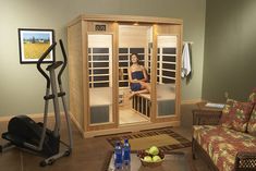 a woman is sitting in the sauna