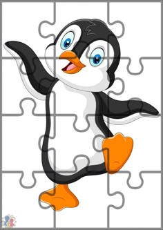 a cartoon penguin is running across a puzzle piece with one foot on the ground and two hands in the air