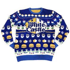 a blue and white sweater with the words white castle on it's chest, surrounded by snowflakes