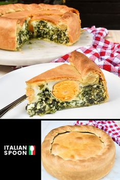 there is a pie with spinach and cheese on the top, next to it's crust