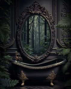 an ornate bathtub in the middle of a forest with a mirror on it's wall