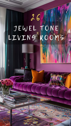 a living room with purple couches and colorful paintings on the wall above it that says jewel tone living rooms