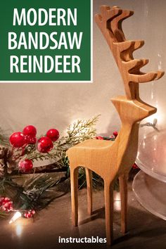 a wooden reindeer statue next to christmas decorations