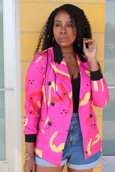 Stylish graphic blazer! True to size fit or choose a size up for oversize fit Shipping Time: 7-14 business days Pink M, Style Mistakes, Double Breasted Blazer, Colored Blazer, Pink Aesthetic, Plus Size Tops, Fashion Sunglasses, Oversized Fits, Red Leather Jacket