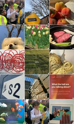 a collage of photos with words and pictures on them that include people, flowers, food, and other things