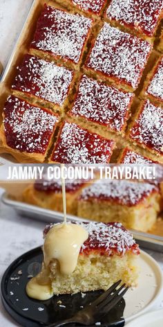 a piece of cake on a plate with a fork in it and the words, jimmy coconut tray bake