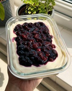 a person holding up a bowl of blueberries and cream