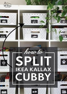 a book shelf filled with lots of books and plastic bins that are labeled how to split ikea kallax cubby