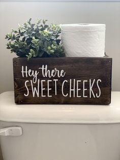 a wooden sign that says hey there sweet cheeks on top of a toilet with plants in it