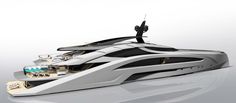 a white and black boat on a reflective surface