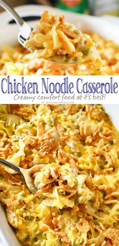 chicken noodle casserole in a white dish with a spoon