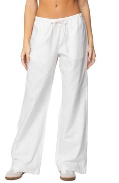 Kicky wide legs and a breathable linen blend make these drawstring pants an instant favorite for warmer temps. Drawstring waist Side-seam pockets 55% linen, 45% polyester Machine wash, line dry Imported College Closet, Leopard Print Shoes, White Linen Pants, Linen Blend Pants, Polyester Pants, Winter Fits, Wide Legs, White Pants, Drawstring Pants