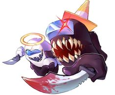 a cartoon character holding a knife and wearing a witches hat with his mouth wide open