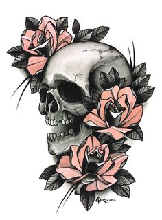 a skull with pink roses on it's head and the word love is in the middle