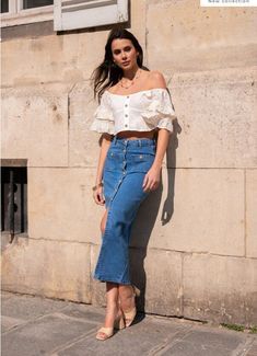 Maxi Denim Skirt, Stretched Fabric, Stretch Denim Skirt, Skirt Casual, Court Heels, Denim Pencil Skirt, Denim Maxi Skirt, Leather Trainers, Women's Casual