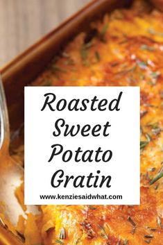 roasted sweet potato gratin in a casserole dish with a serving spoon on the side