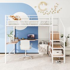 a white loft bed sitting under a desk next to a wall mounted clock on a blue and white wall